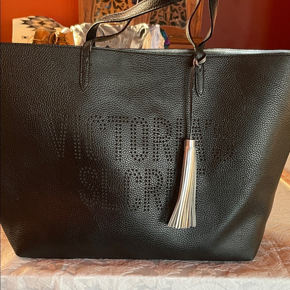 VICTORIAS SECRET Black faux leather Tote Bag w silver Tassel Mother’s Day gift